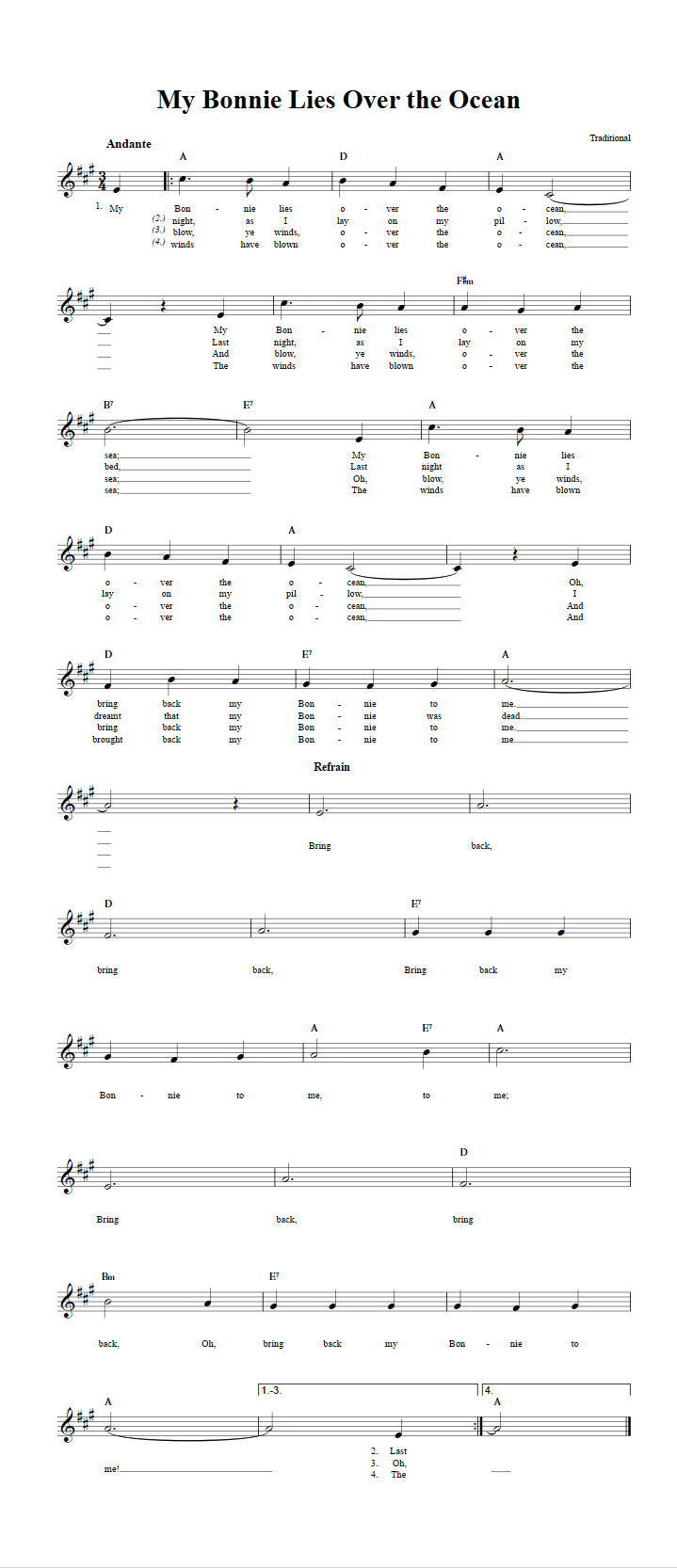 My Bonnie Lies Over the Ocean Treble Clef Sheet Music for E-Flat Instruments