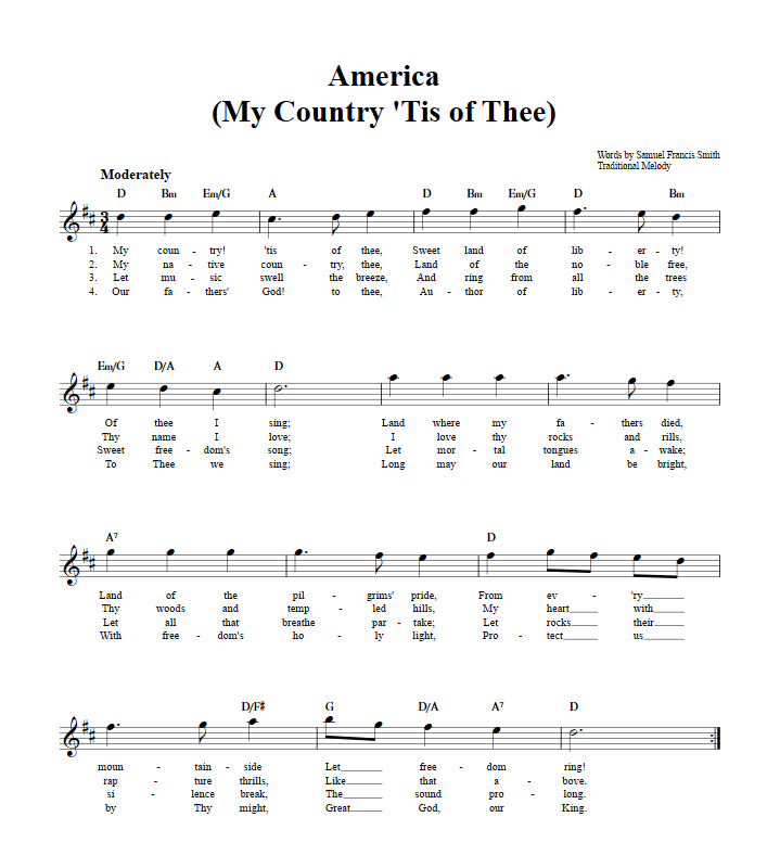My Country, 'Tis of Thee Treble Clef Sheet Music for E-Flat Instruments