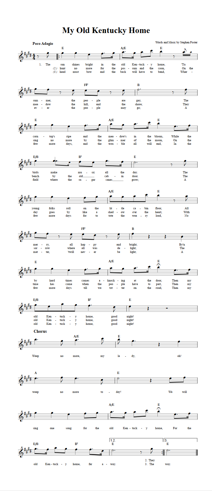 My Old Kentucky Home Treble Clef Sheet Music for E-Flat Instruments