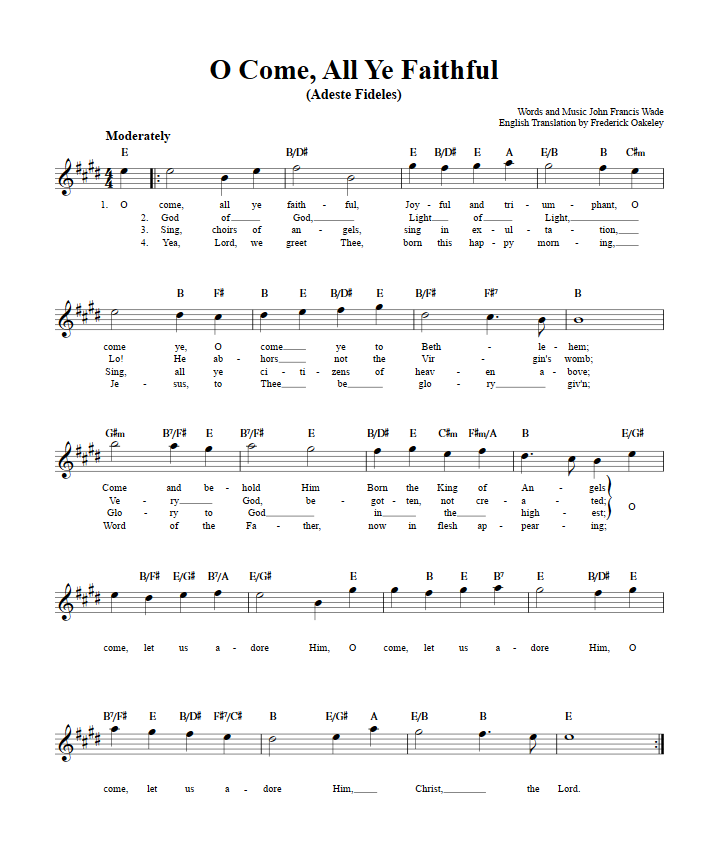 O Come All Ye Faithful Treble Clef Sheet Music for E-Flat Instruments