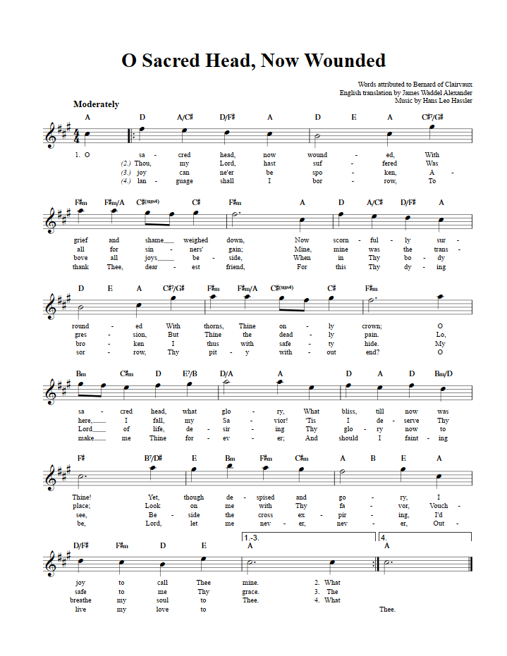 O Sacred Head, Now Wounded Treble Clef Sheet Music for E-Flat Instruments