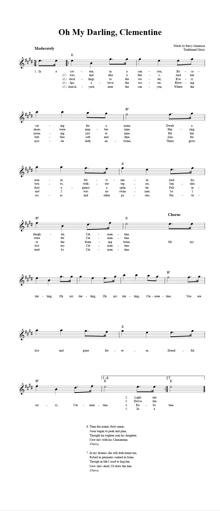 Oh My Darling, Clementine Treble Clef Sheet Music for E-Flat Instruments