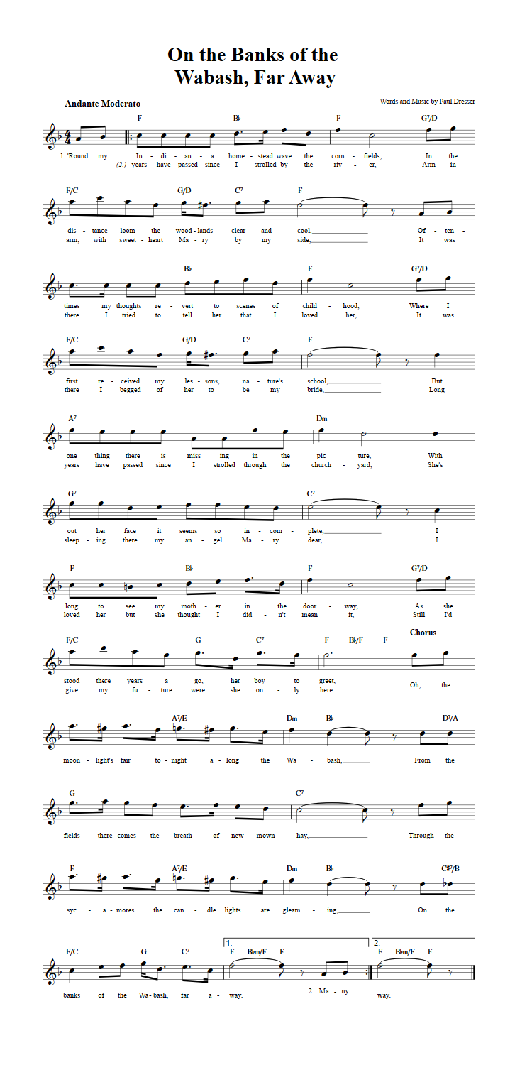 On the Banks of the Wabash, Far Away Treble Clef Sheet Music for E-Flat Instruments