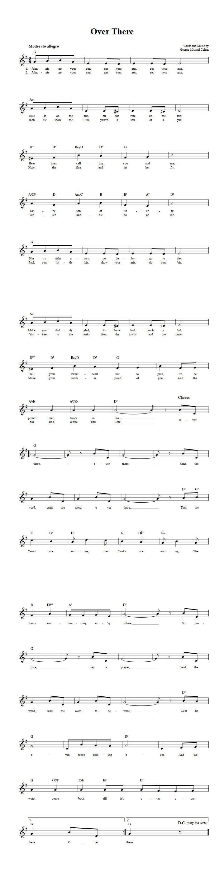 Over There Treble Clef Sheet Music for E-Flat Instruments