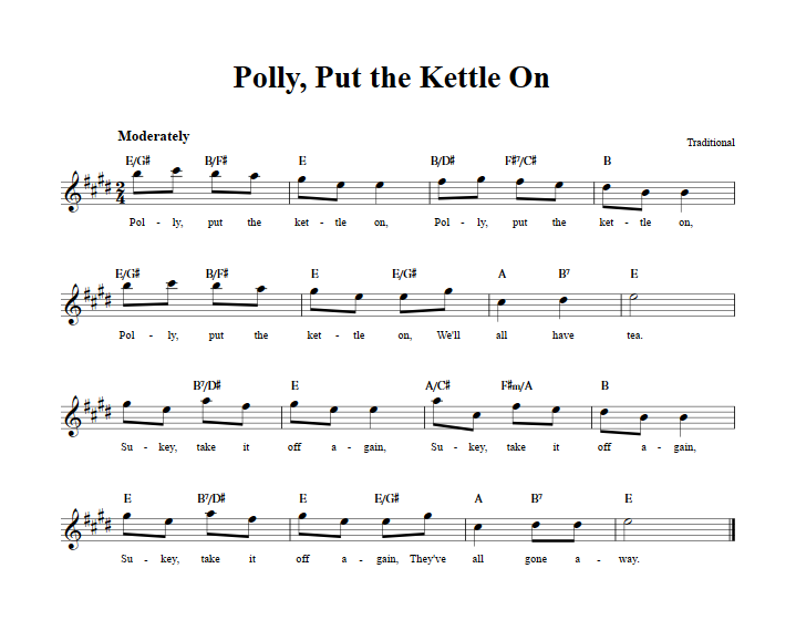 Polly Put the Kettle On Treble Clef Sheet Music for E-Flat Instruments