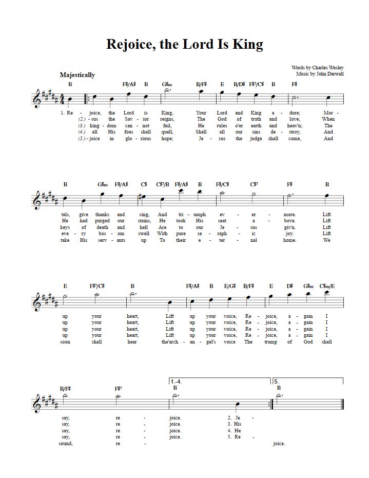 Rejoice, the Lord Is King Treble Clef Sheet Music for E-Flat Instruments