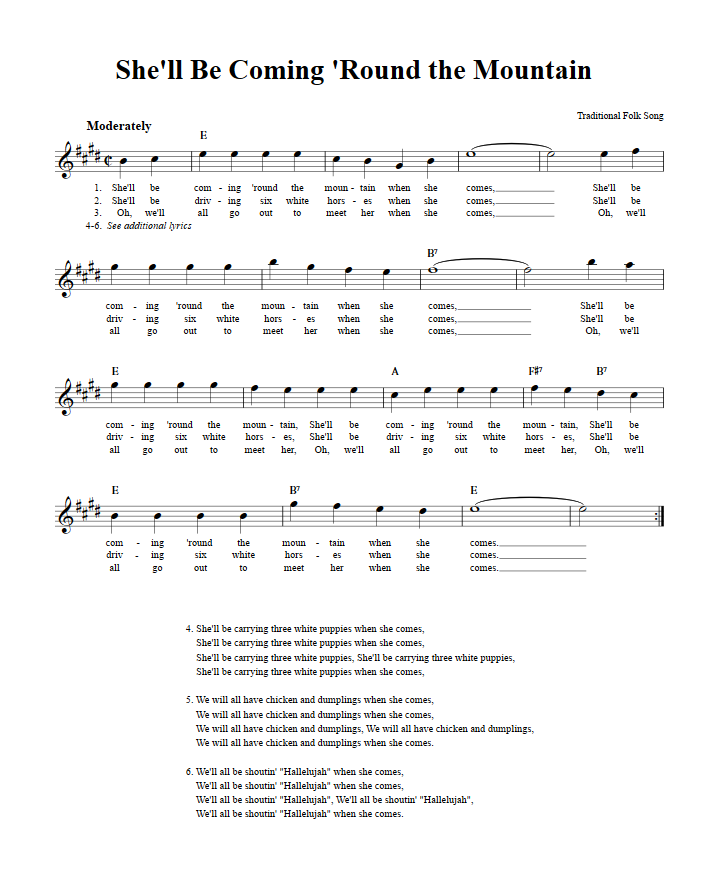 She'll Be Coming 'Round the Mountain Treble Clef Sheet Music for E-Flat Instruments