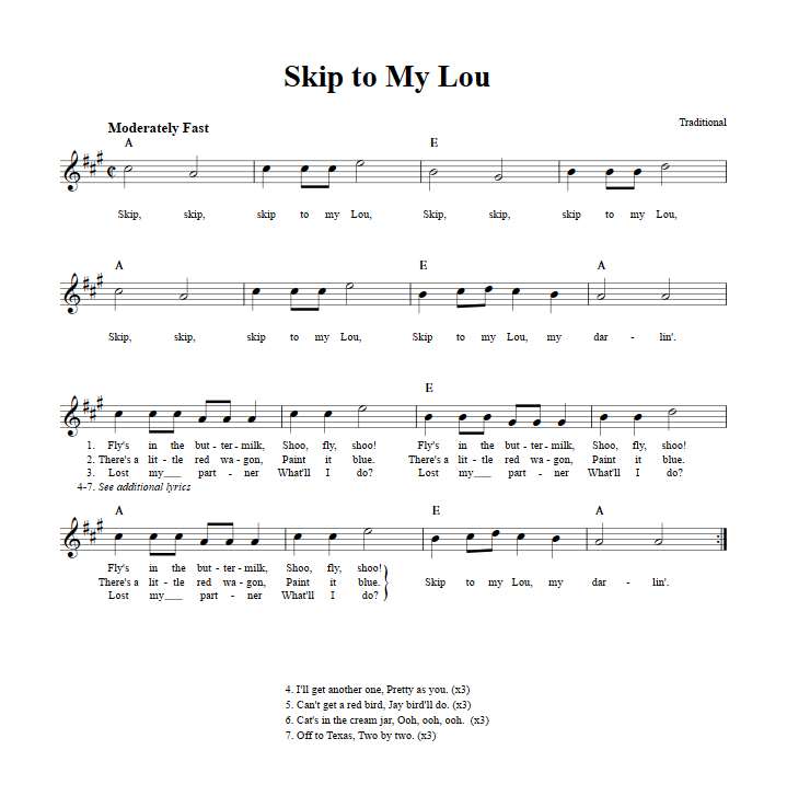 Skip to My Lou Treble Clef Sheet Music for E-Flat Instruments
