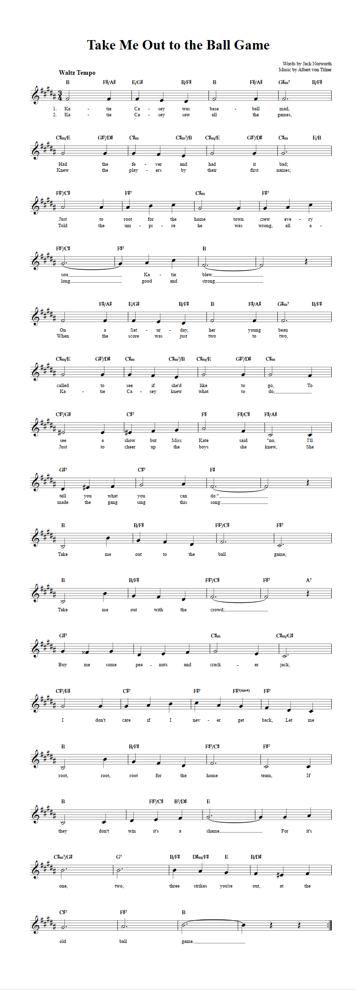 Take Me Out to the Ball Game Treble Clef Sheet Music for E-Flat Instruments