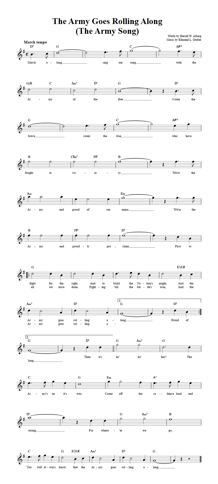 The Army Goes Rolling Along Treble Clef Sheet Music for E-Flat Instruments