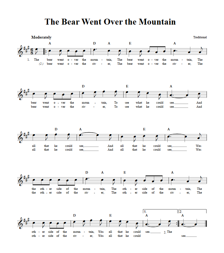 The Bear Went Over the Mountain Treble Clef Sheet Music for E-Flat Instruments