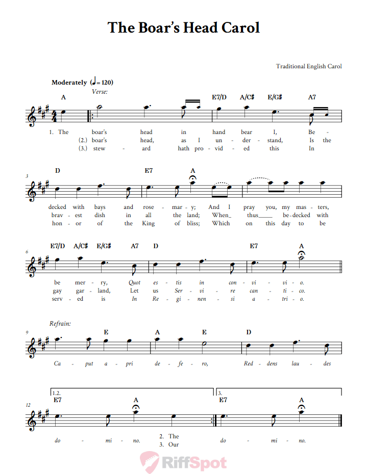 The Boar's Head Carol Treble Clef Sheet Music for E-Flat Instruments