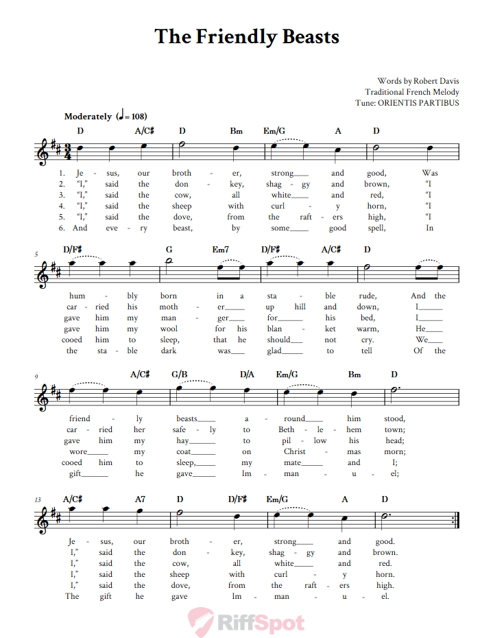 The Friendly Beasts Treble Clef Sheet Music for E-Flat Instruments