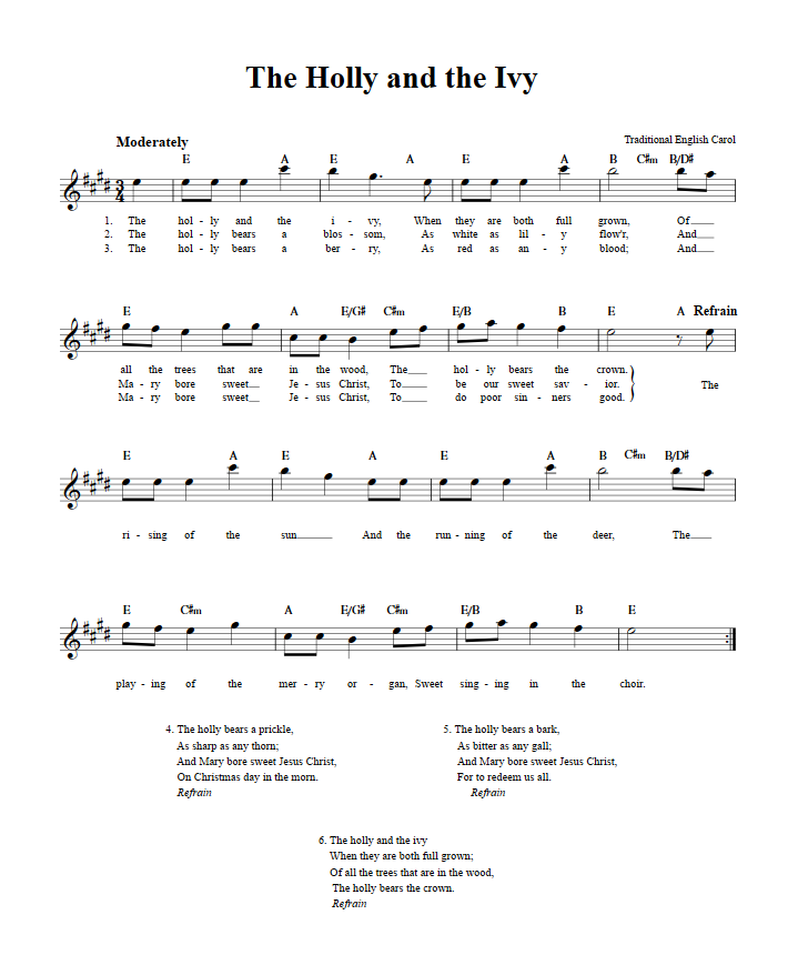 The Holly and the Ivy Treble Clef Sheet Music for E-Flat Instruments