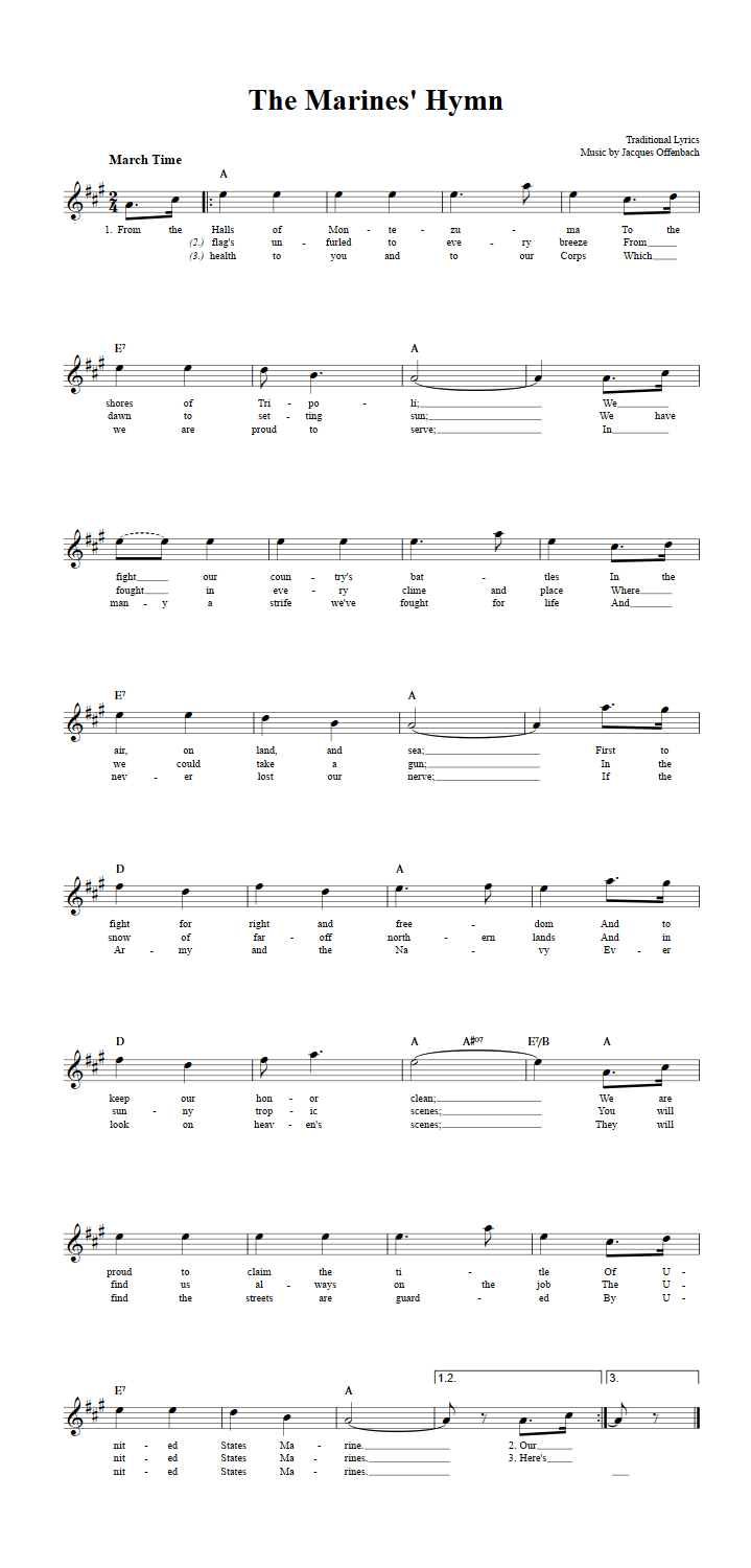 The Marines' Hymn Treble Clef Sheet Music for E-Flat Instruments