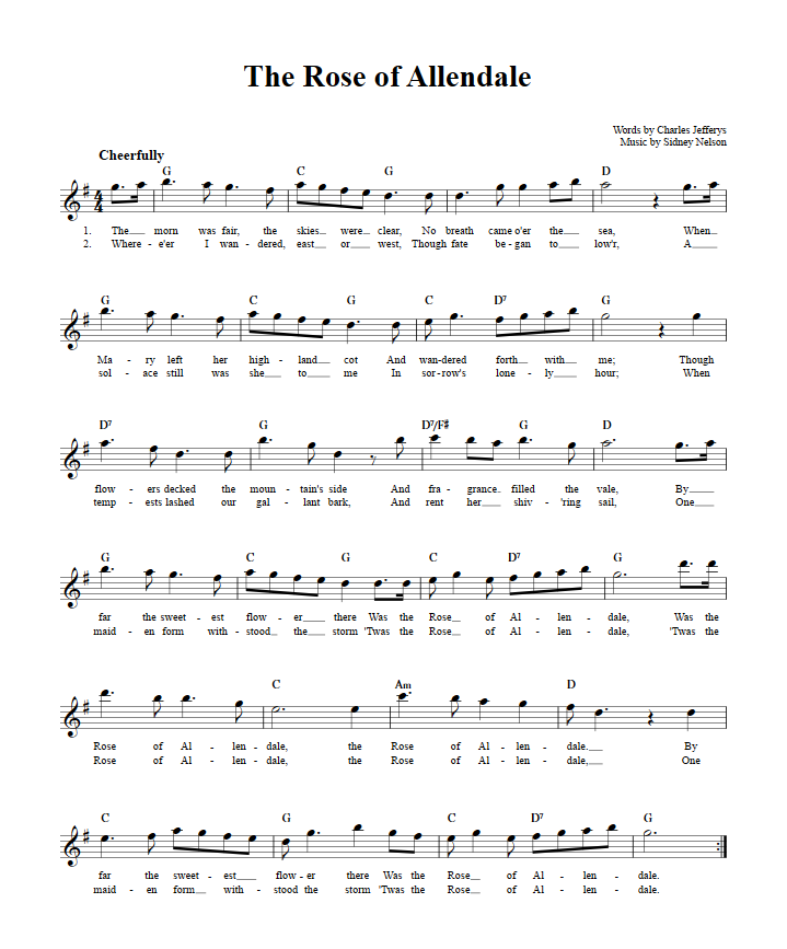 The Rose of Allendale Treble Clef Sheet Music for E-Flat Instruments