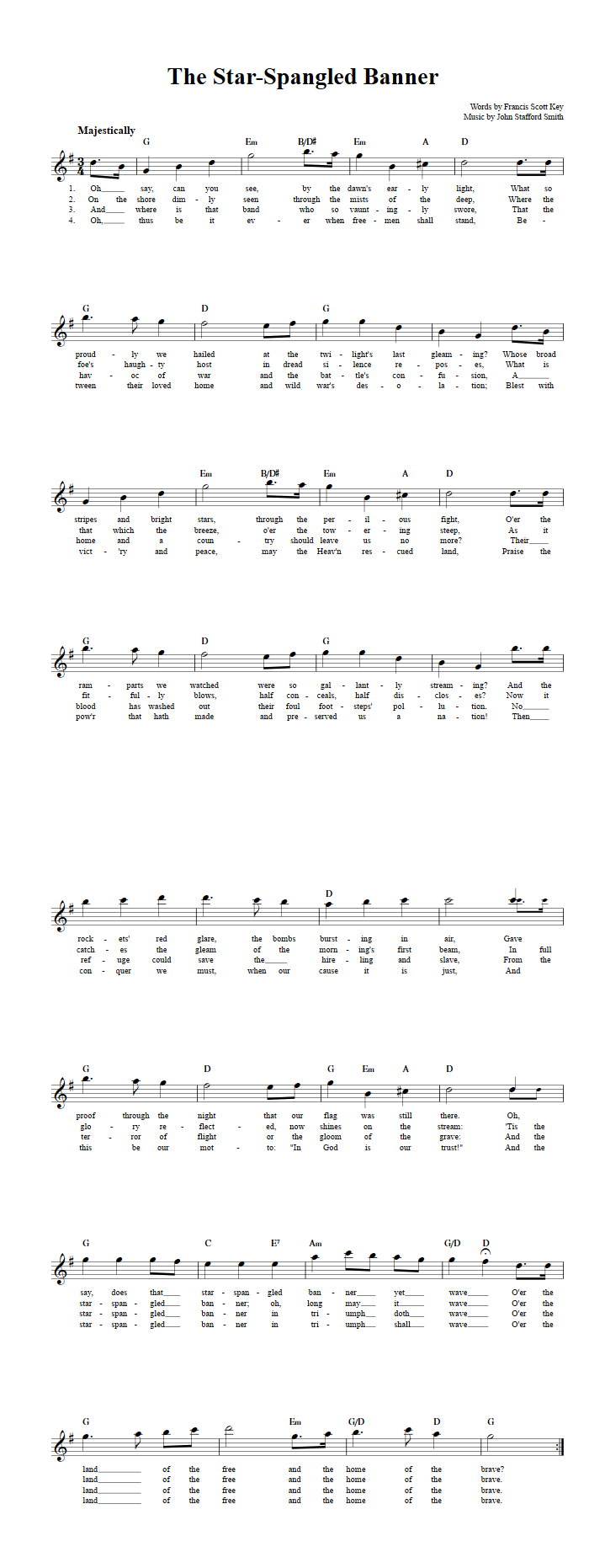 The Star-Spangled Banner Treble Clef Sheet Music for E-Flat Instruments