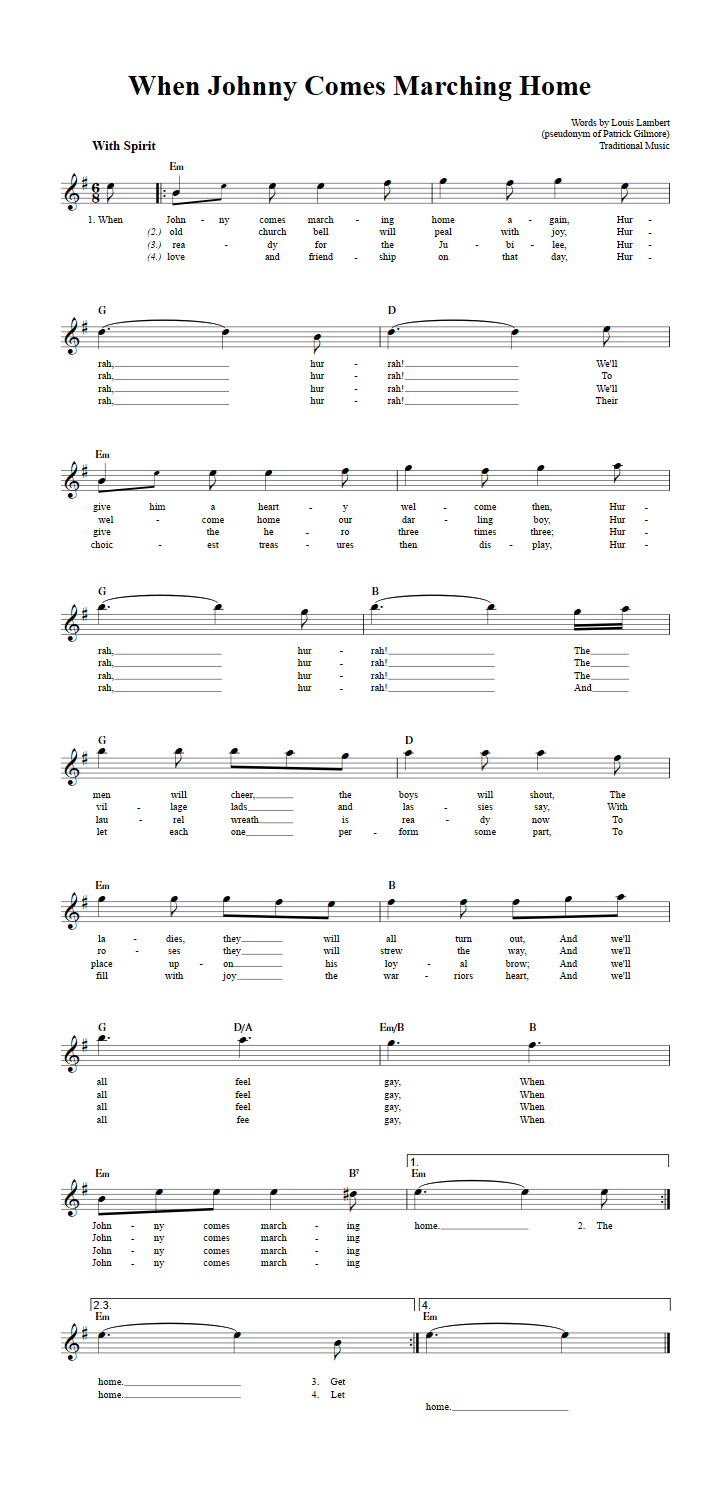When Johnny Comes Marching Home Treble Clef Sheet Music for E-Flat Instruments