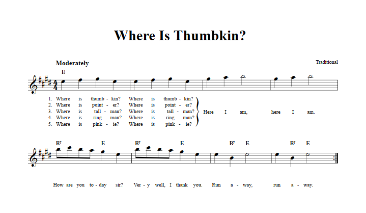Where Is Thumbkin? Treble Clef Sheet Music for E-Flat Instruments