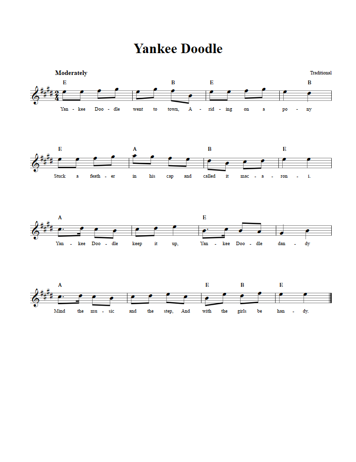 Yankee Doodle Treble Clef Sheet Music for E-Flat Instruments