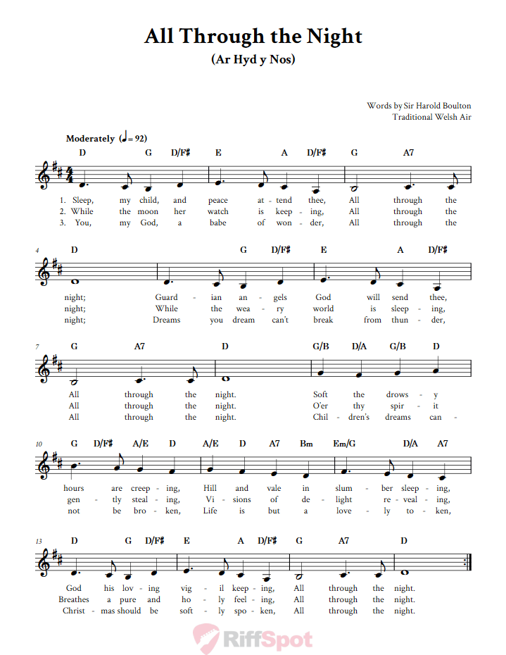 All Through the Night Treble Clef Sheet Music for F Instruments