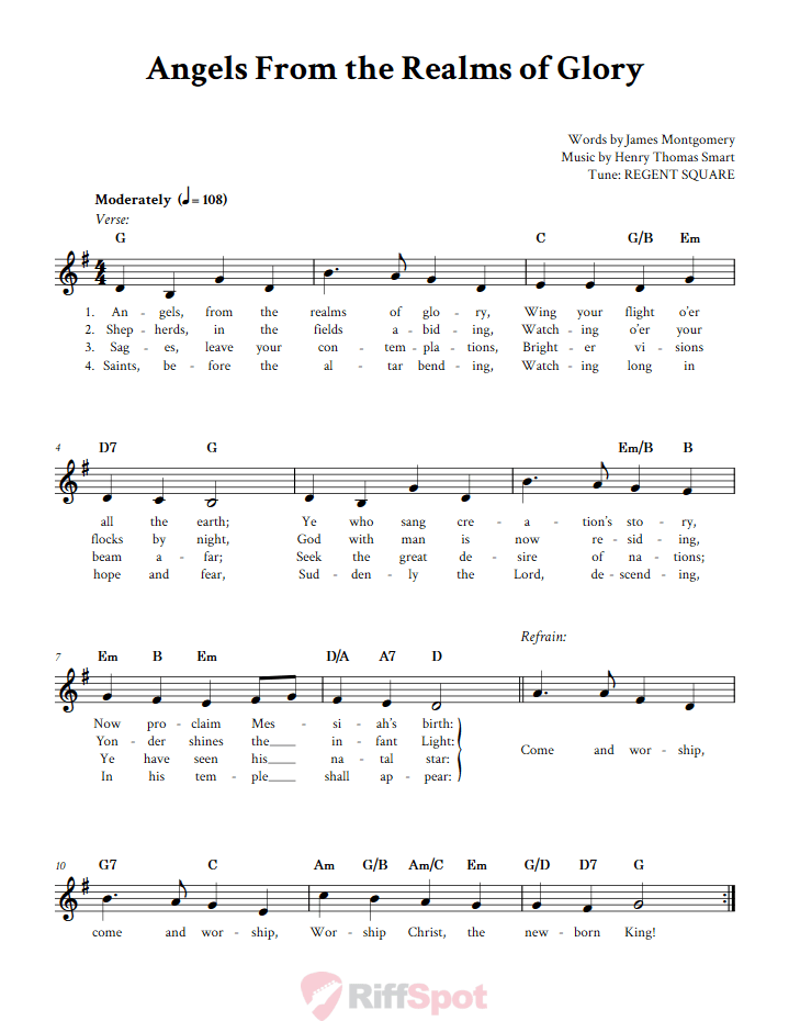 Angels From the Realms of Glory Treble Clef Sheet Music for F Instruments