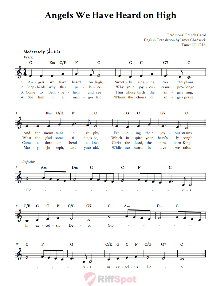 Angels We Have Heard on High Treble Clef Sheet Music for F Instruments