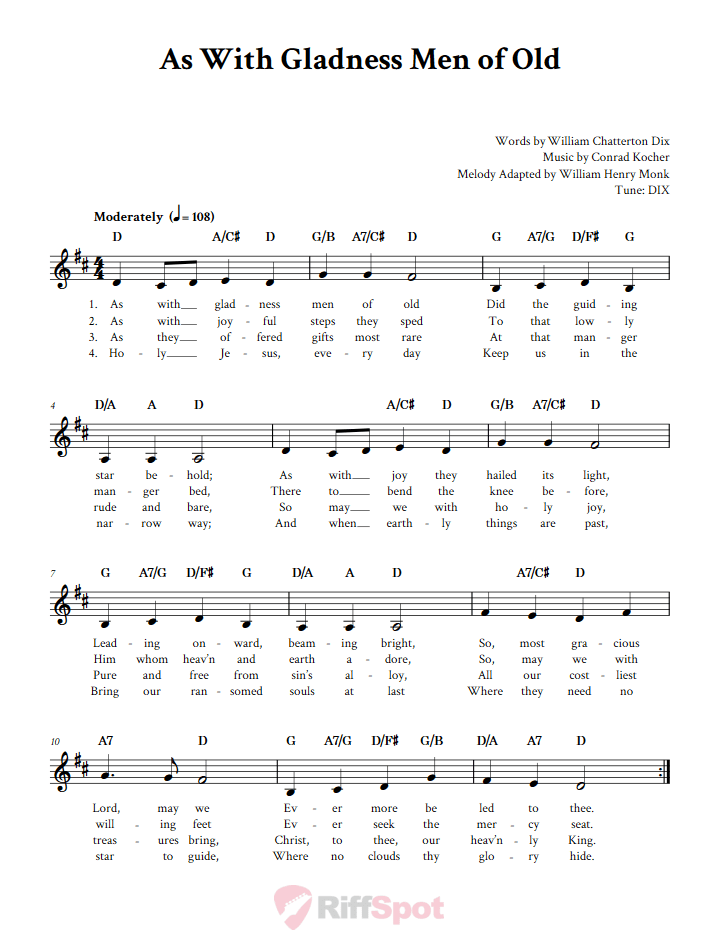 As With Gladness Men of Old Treble Clef Sheet Music for F Instruments