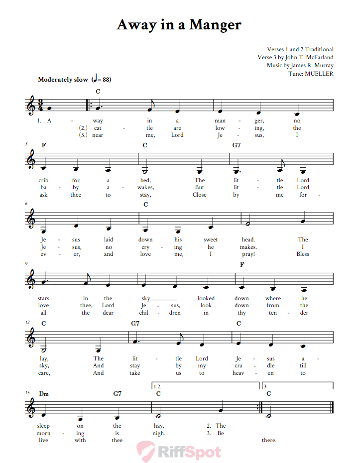 Away in a Manger Treble Clef Sheet Music for F Instruments