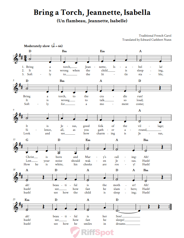 Bring a Torch, Jeannette, Isabella Treble Clef Sheet Music for F Instruments