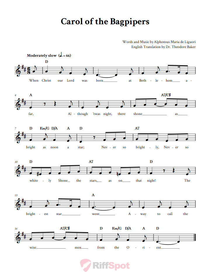 Carol of the Bagpipers Treble Clef Sheet Music for F Instruments