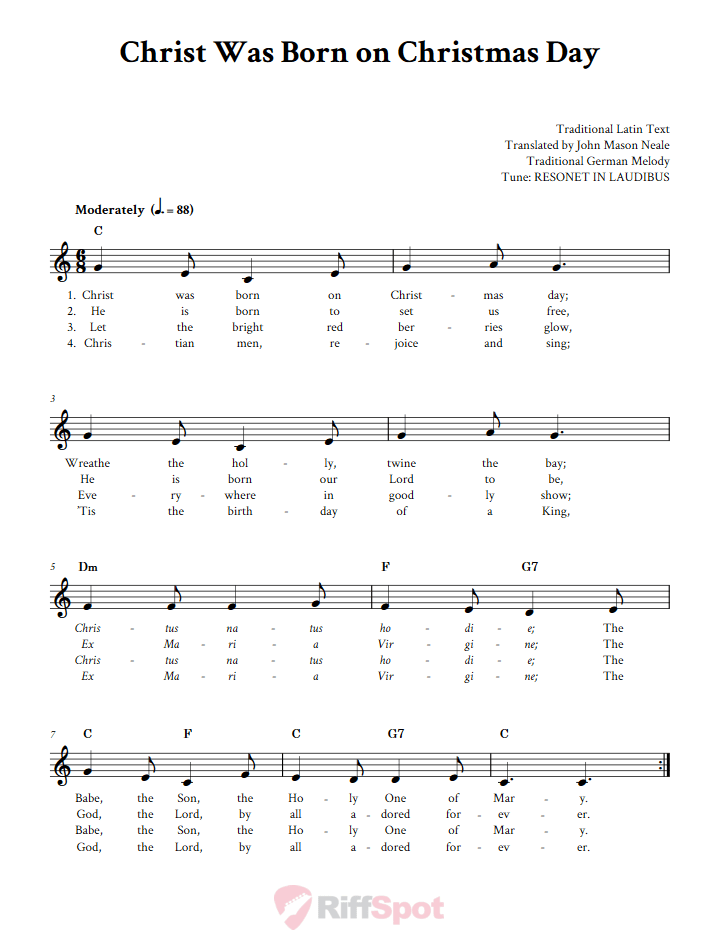 Christ Was Born on Christmas Day Treble Clef Sheet Music for F Instruments