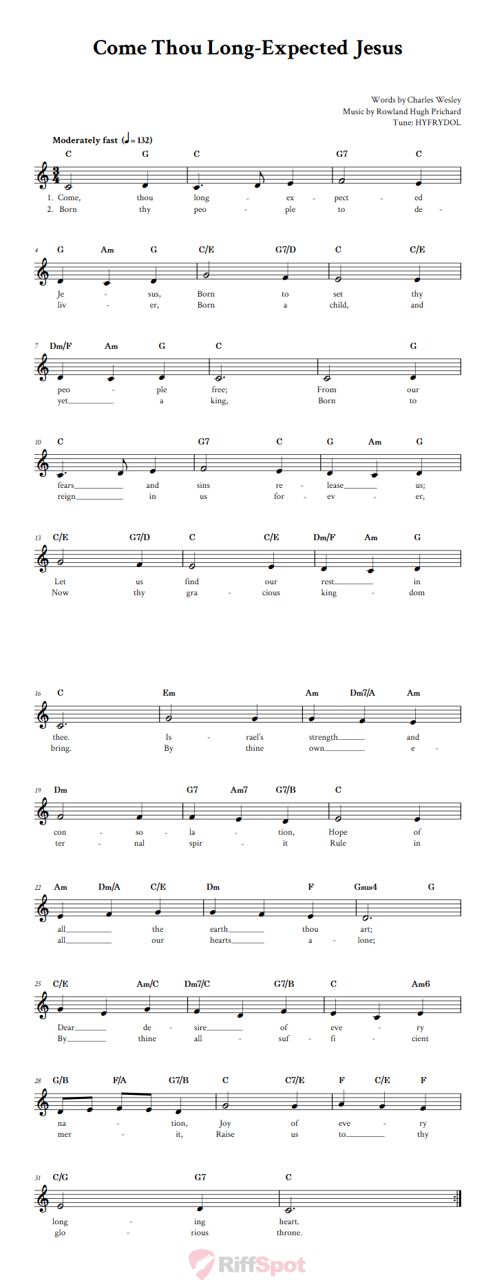 Come Thou Long-Expected Jesus Treble Clef Sheet Music for F Instruments