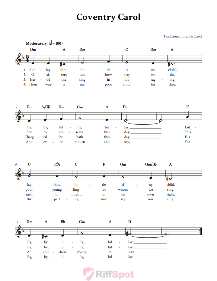 Coventry Carol Treble Clef Sheet Music for F Instruments
