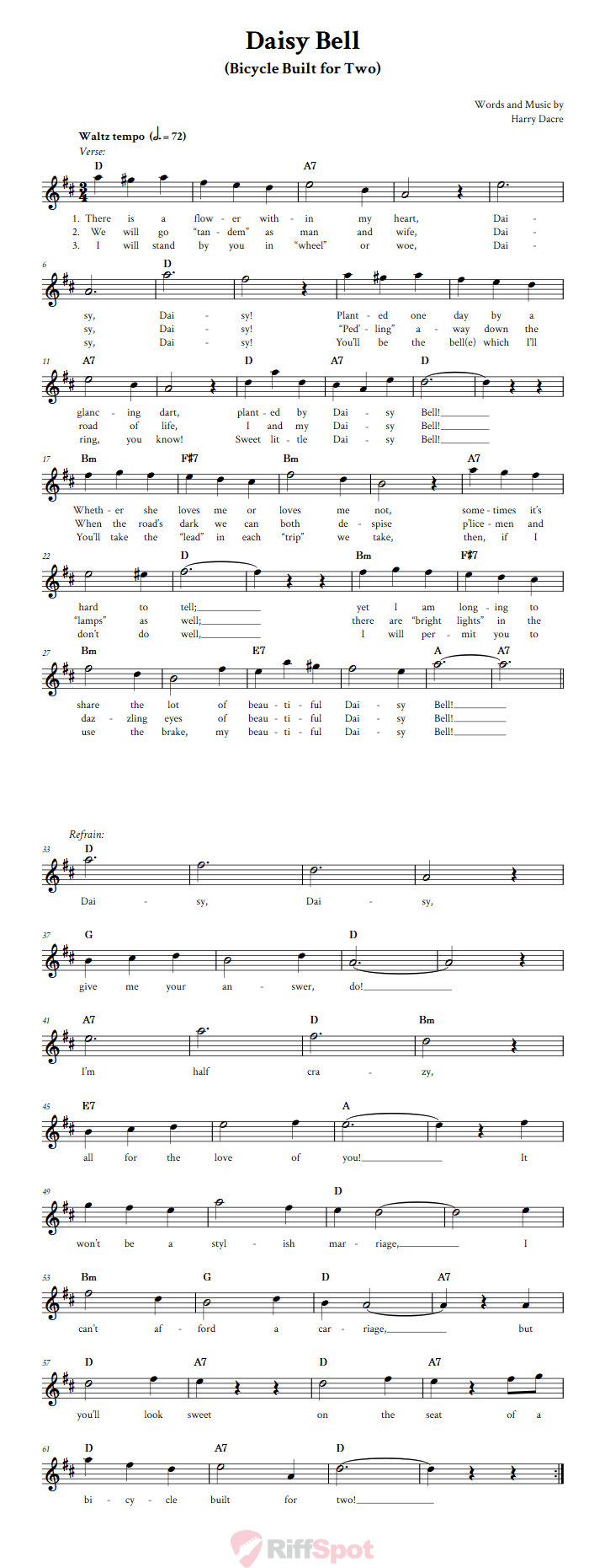 Daisy Bell Sheet Music for Horn and Other E-flat Instruments