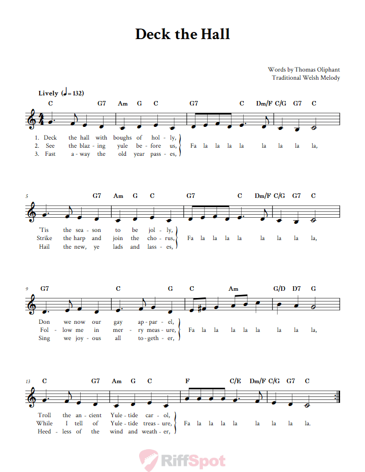 Deck the Hall Treble Clef Sheet Music for F Instruments