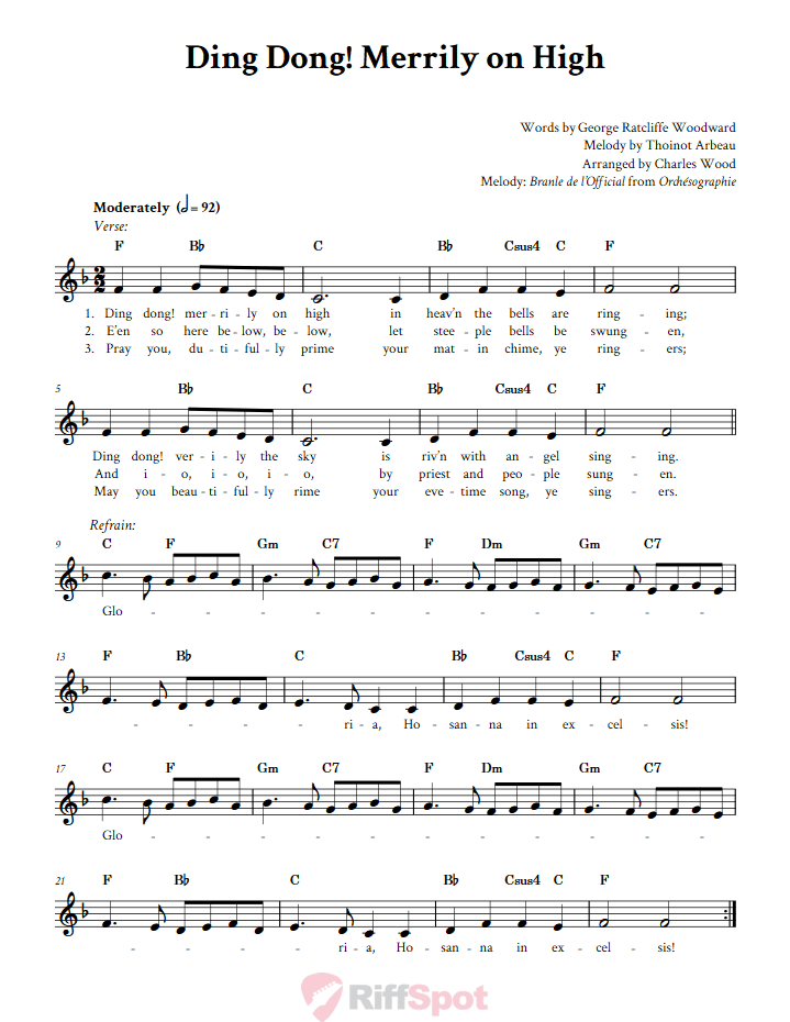 Ding Dong! Merrily on High Treble Clef Sheet Music for F Instruments