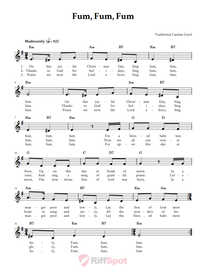 Fum, Fum, Fum Treble Clef Sheet Music for F Instruments