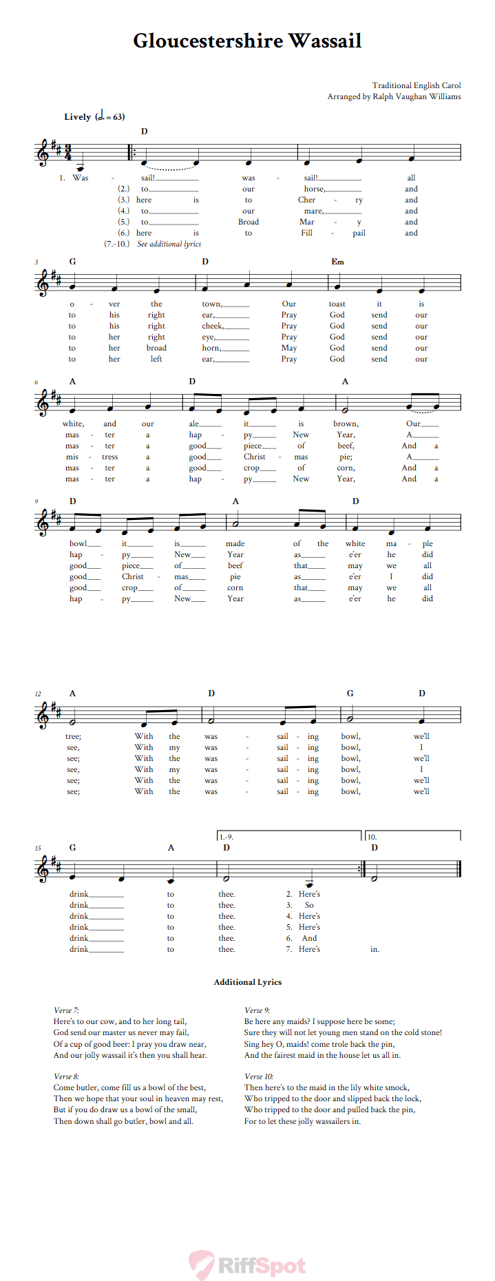 Gloucestershire Wassail Treble Clef Sheet Music for F Instruments
