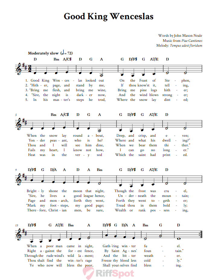 Good King Wenceslas Treble Clef Sheet Music for F Instruments
