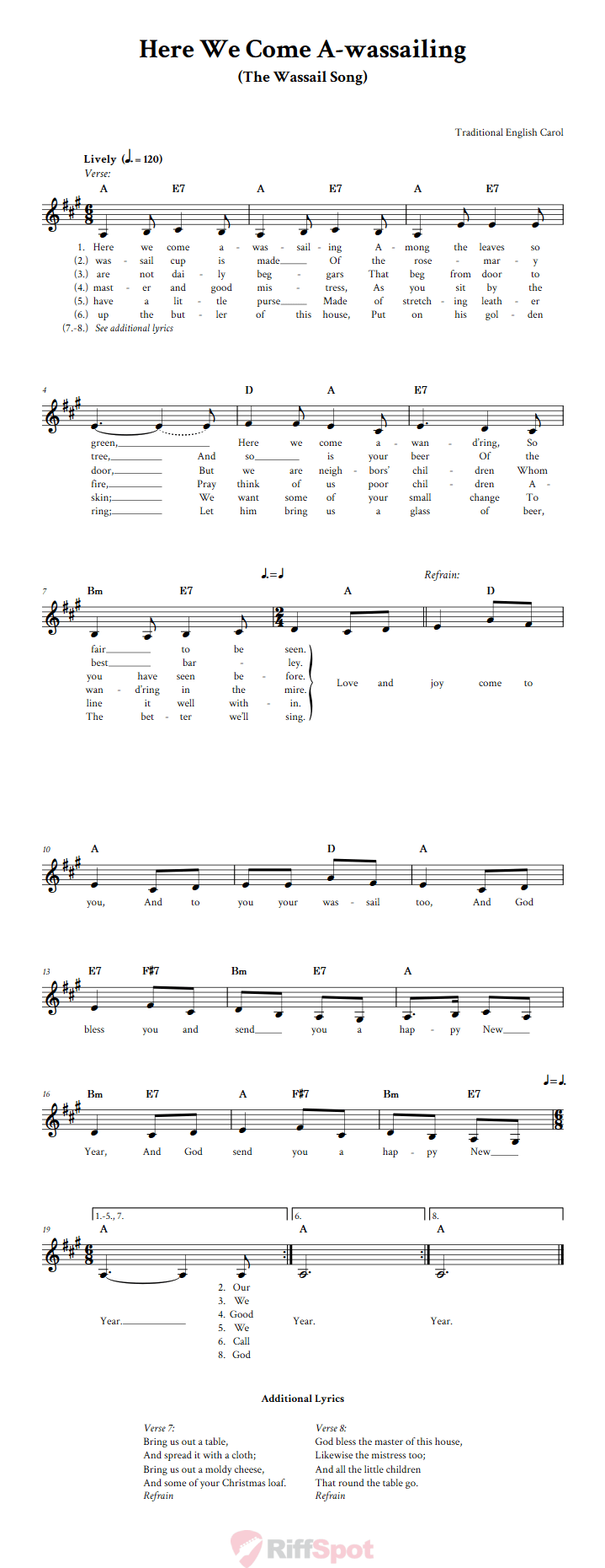Here We Come A-wassailing Treble Clef Sheet Music for F Instruments