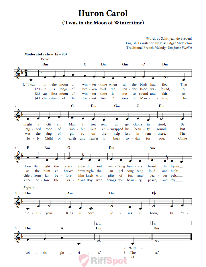 Huron Carol Treble Clef Sheet Music for F Instruments