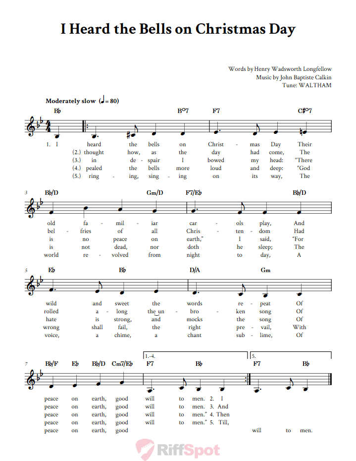 I Heard the Bells on Christmas Day Treble Clef Sheet Music for F Instruments