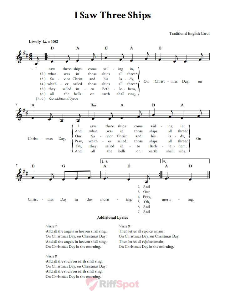 I Saw Three Ships Treble Clef Sheet Music for F Instruments