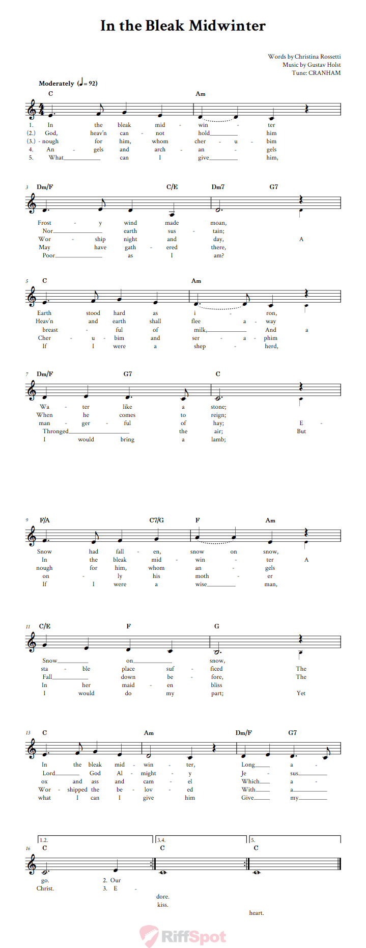 In the Bleak Midwinter Treble Clef Sheet Music for F Instruments
