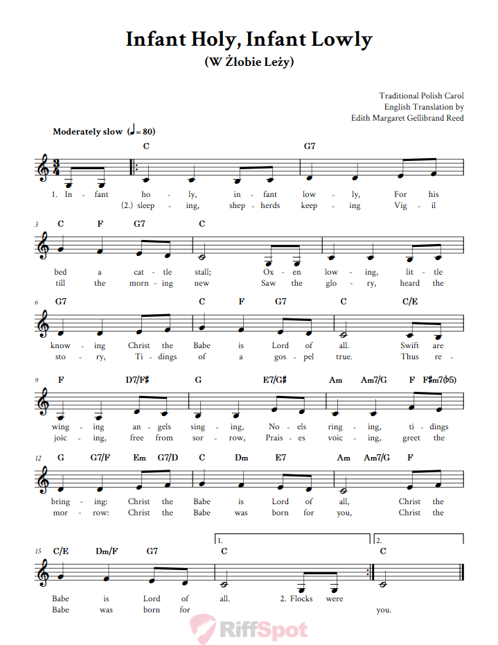 Infant Holy, Infant Lowly Treble Clef Sheet Music for F Instruments
