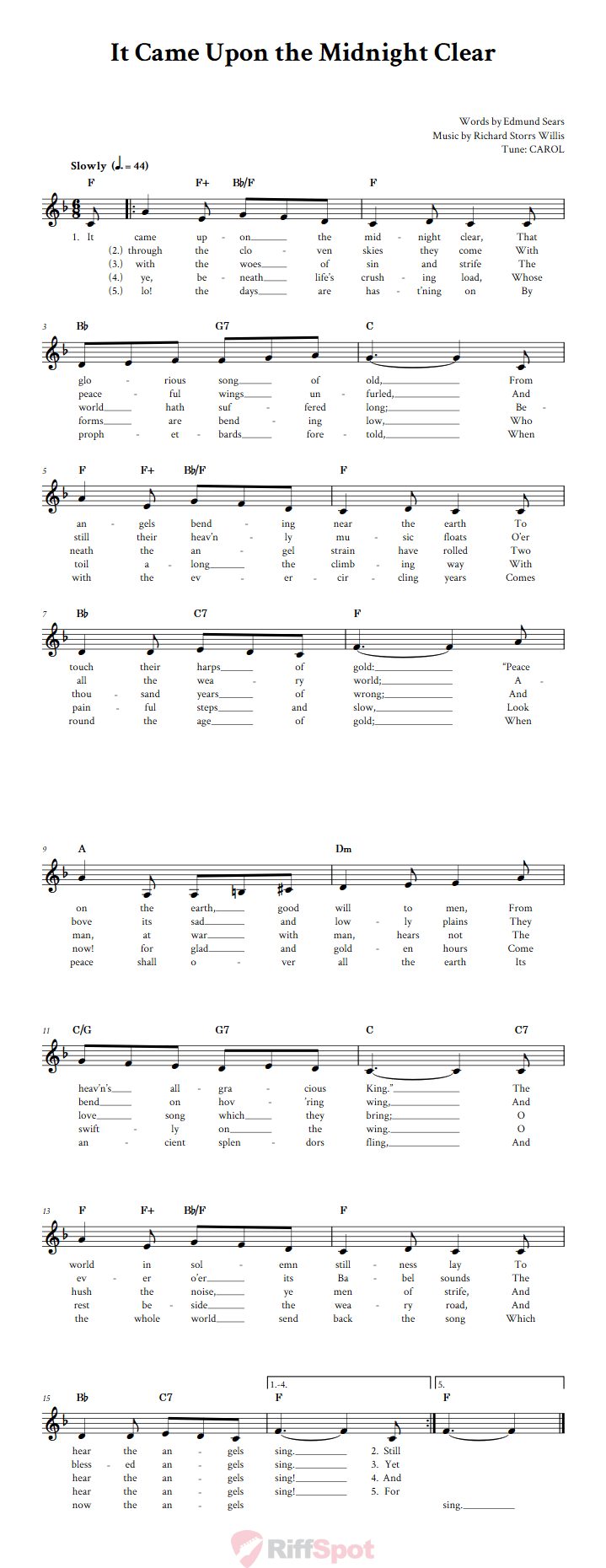 It Came Upon the Midnight Clear Treble Clef Sheet Music for F Instruments