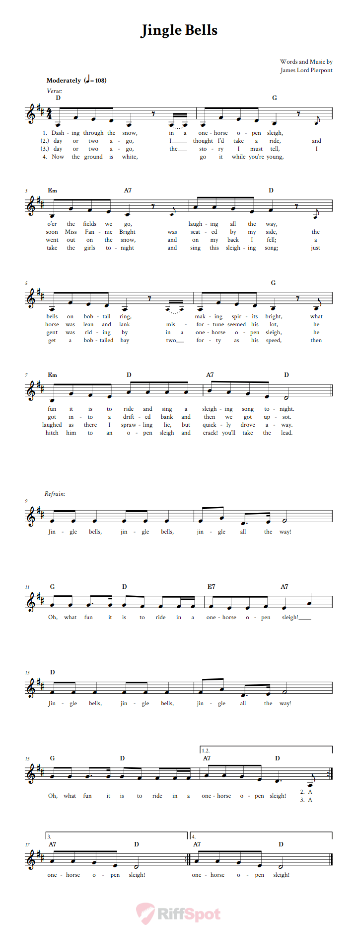 Jingle Bells Treble Clef Sheet Music for F Instruments