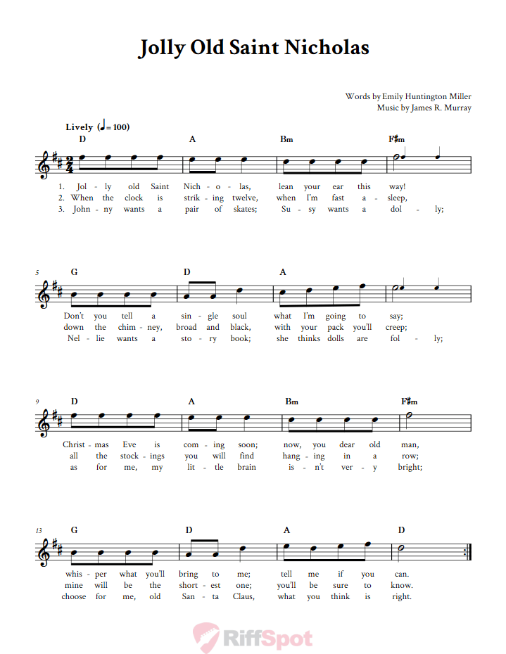 Jolly Old Saint Nicholas Treble Clef Sheet Music for F Instruments