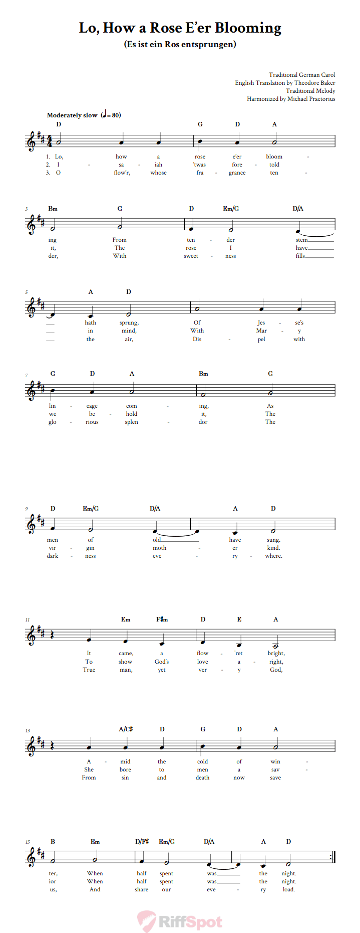 Lo, How a Rose E'er Blooming Treble Clef Sheet Music for F Instruments